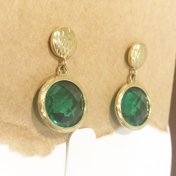 Sparkly Gold Tone Green Circular Drop Earrings. - Picture 1 of 13